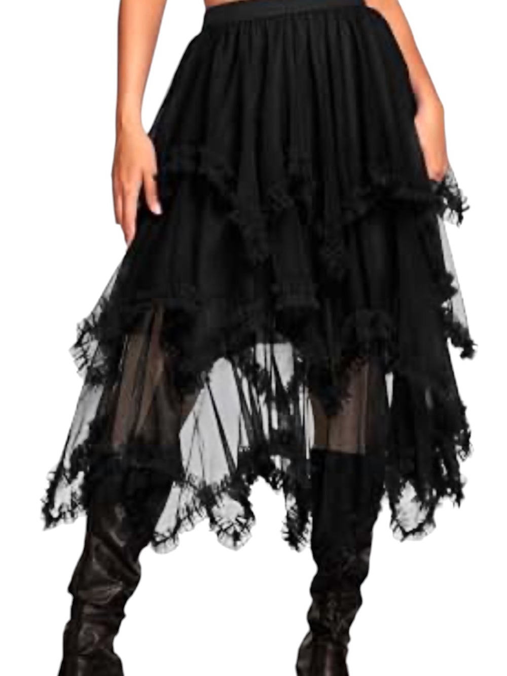 Black Tulle Asymmetrical Midi Skirt Ruffle Lace Trim Dark Romantic Goth Lolita